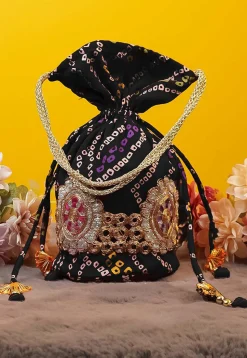 Bandhej Printed Crepe Potli Bag in Black
