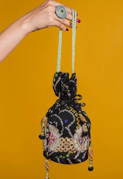 Bandhej Printed Crepe Potli Bag in Black