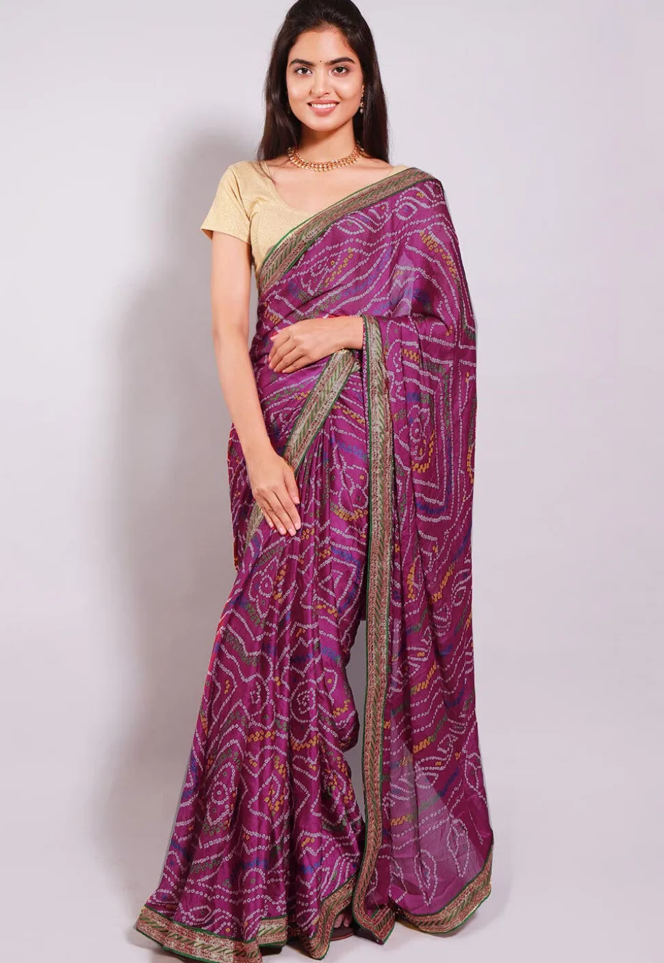 Bandhej Printed Crepe Saree in Magenta