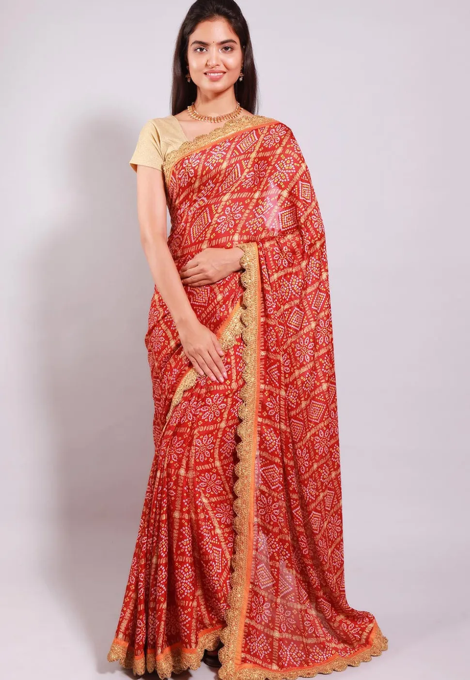 Bandhej Printed Crepe Saree in Red