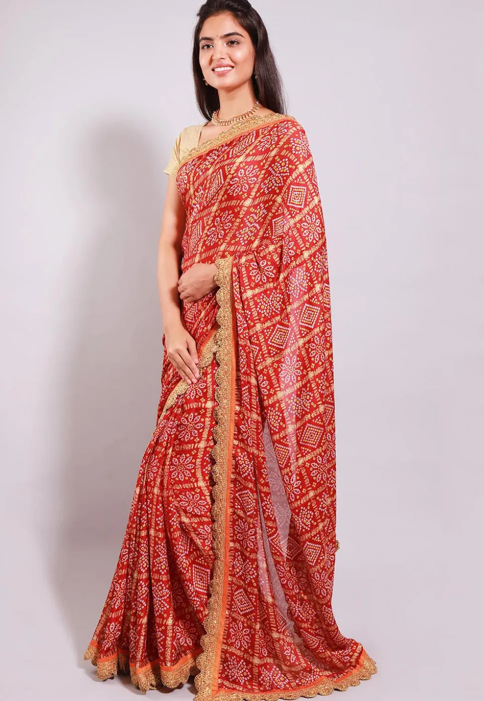 Bandhej Printed Crepe Saree in Red