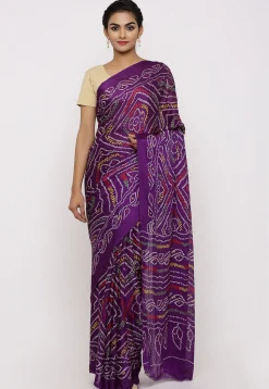 Bandhej Printed Crepe Saree in Purple