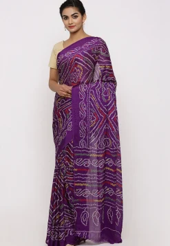 Bandhej Printed Crepe Saree in Purple