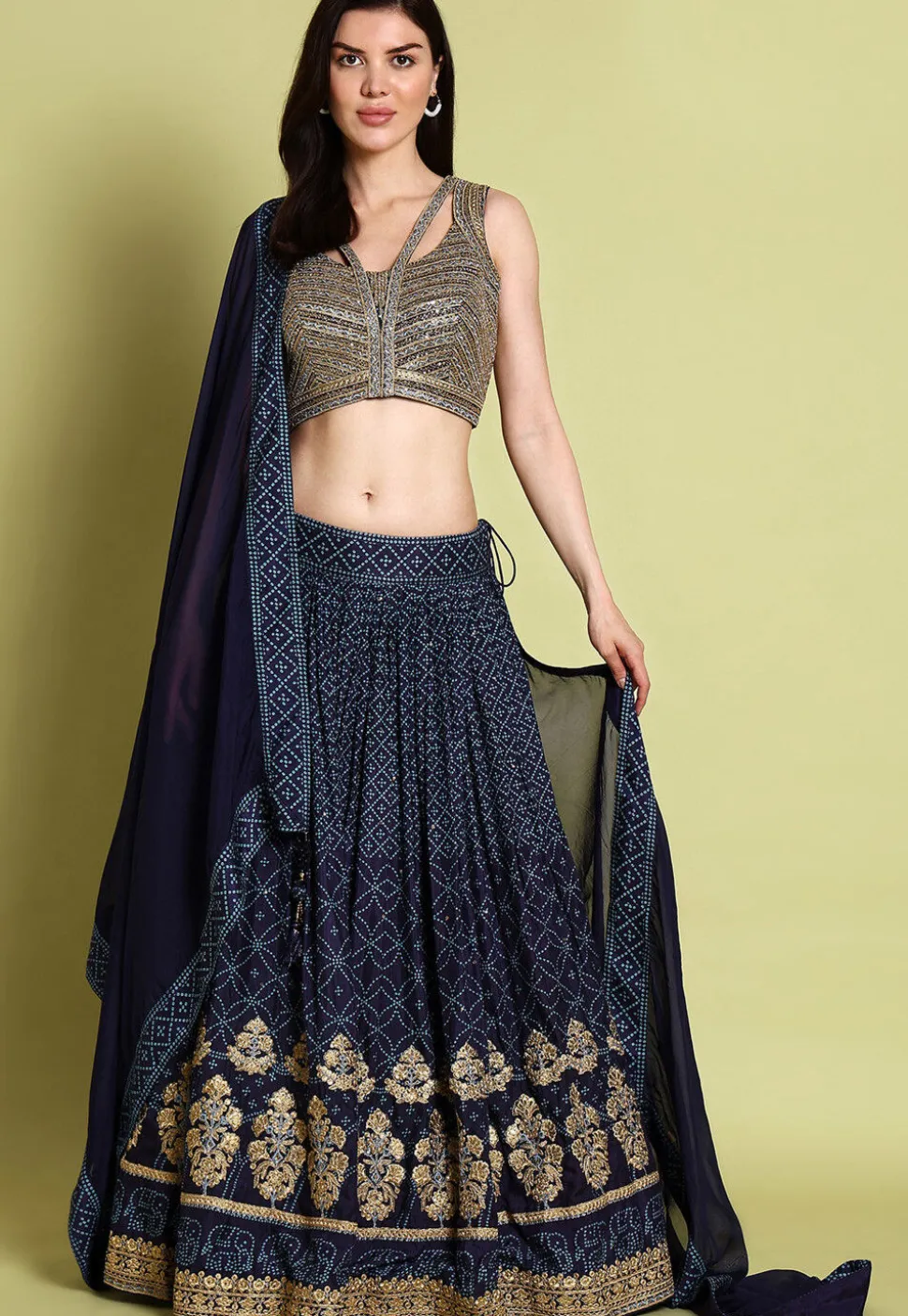 Bandhej Printed Crepe Silk Lehenga in Blue
