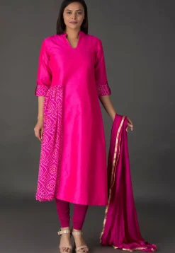 Bandhej Printed Dupion Silk A Line Suit in Fuchsia