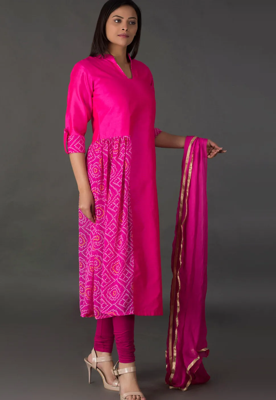 Bandhej Printed Dupion Silk A Line Suit in Fuchsia