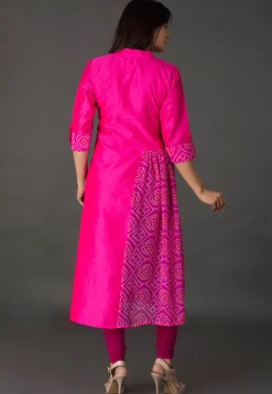 Bandhej Printed Dupion Silk A Line Suit in Fuchsia