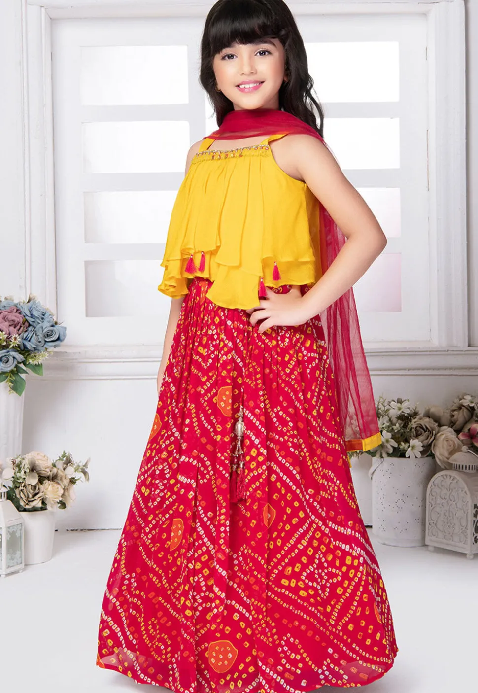 Bandhej Printed Georgette Lehenga in Pink