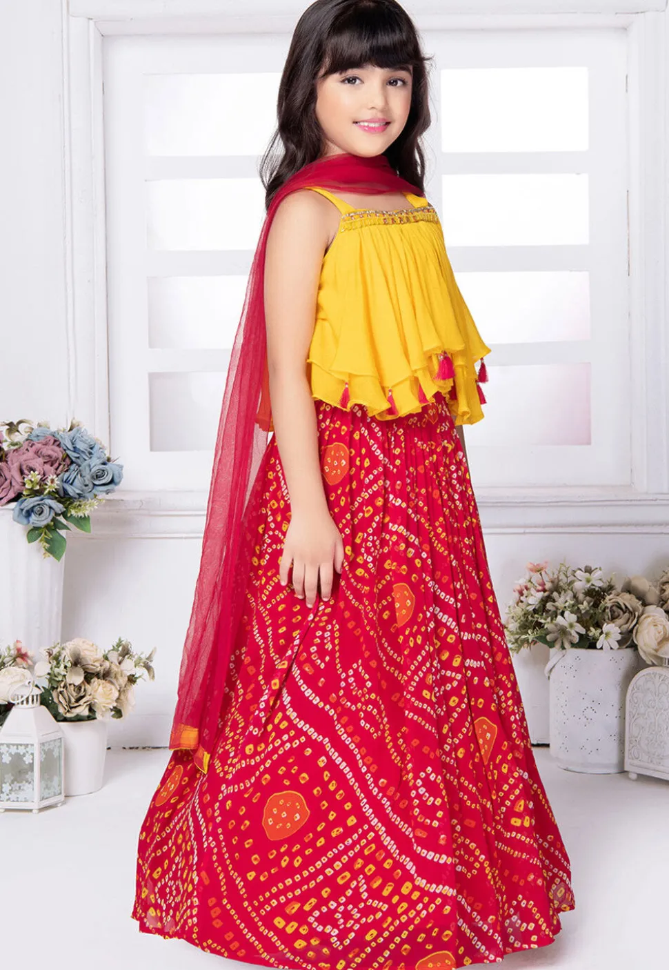 Bandhej Printed Georgette Lehenga in Pink
