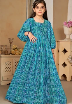 Bandhej Printed Georgette Gown in Teal Blue