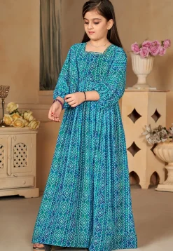 Bandhej Printed Georgette Gown in Teal Blue