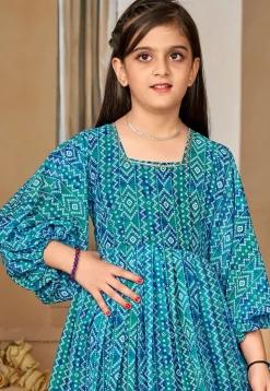 Bandhej Printed Georgette Gown in Teal Blue