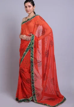 Bandhej Printed Georgette Saree in Orange