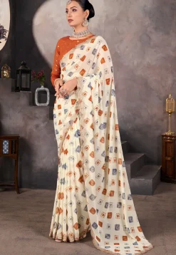Bandhej Printed Georgette Scalloped Saree in Cream