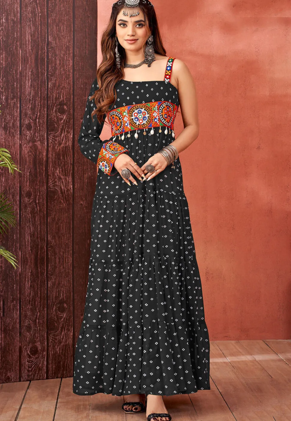 Bandhej Printed Georgette Tiered Gown in Black