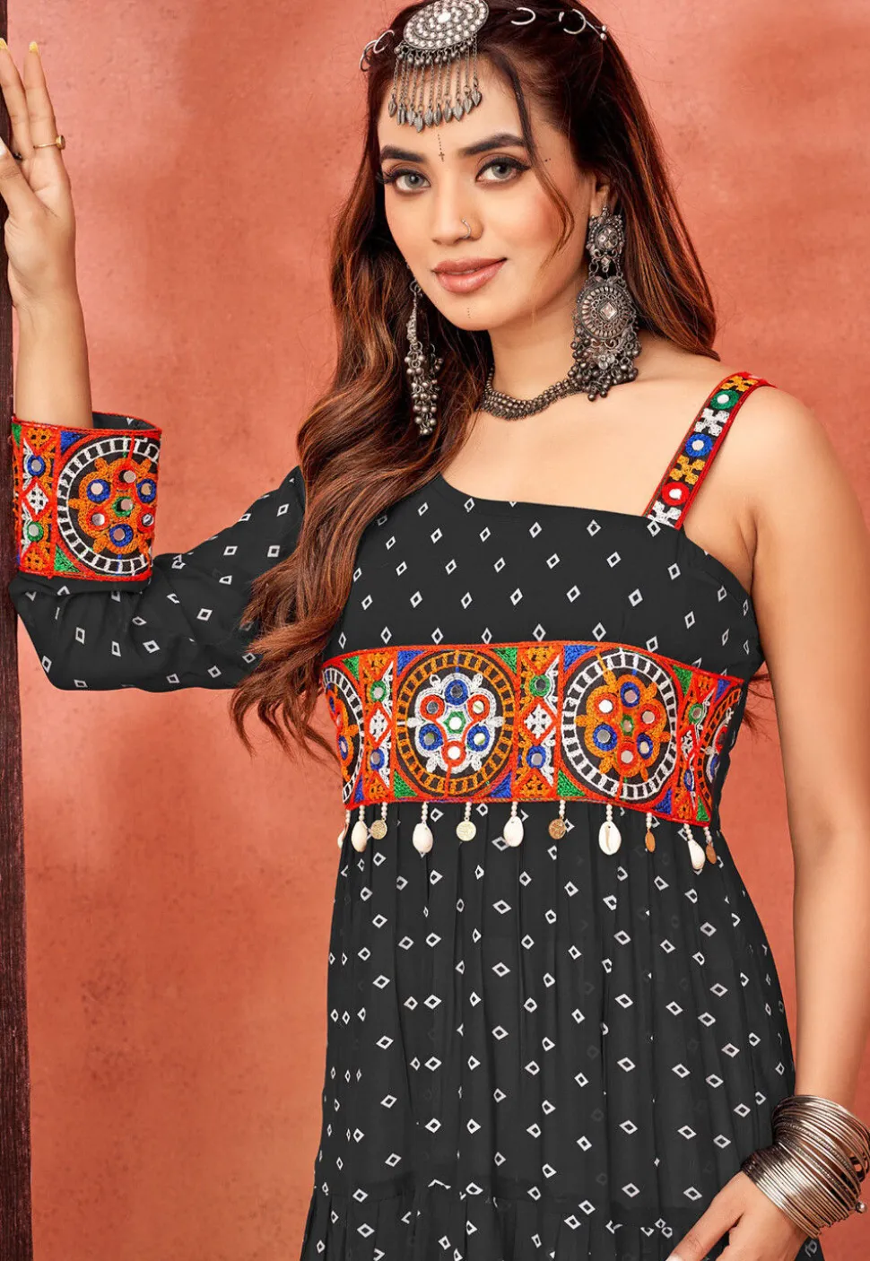 Bandhej Printed Georgette Tiered Gown in Black