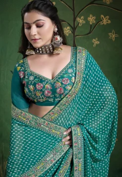 Bandhej Printed Georgette Saree in Teal Green