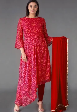 Bandhej Printed Georgette Asymmetric A Line Suit in Red