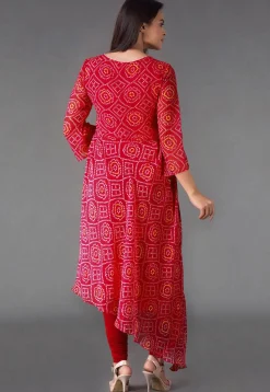 Bandhej Printed Georgette Asymmetric A Line Suit in Red