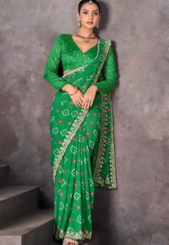 Bandhej Printed Georgette Scalloped Saree in Green