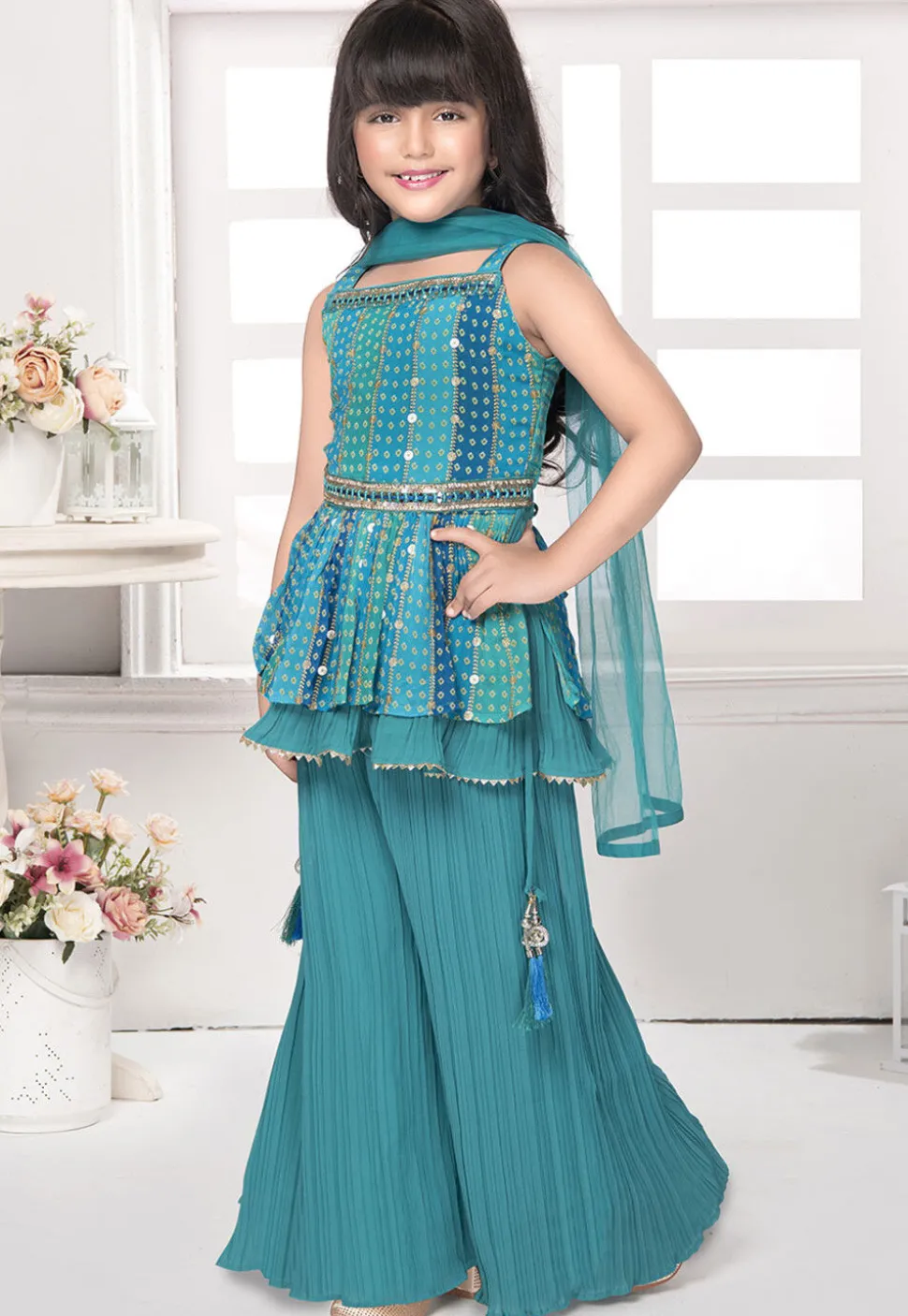 Bandhej Printed Georgette Pakistani Suit in Blue and Green