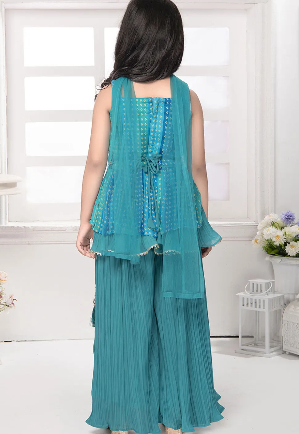 Bandhej Printed Georgette Pakistani Suit in Blue and Green