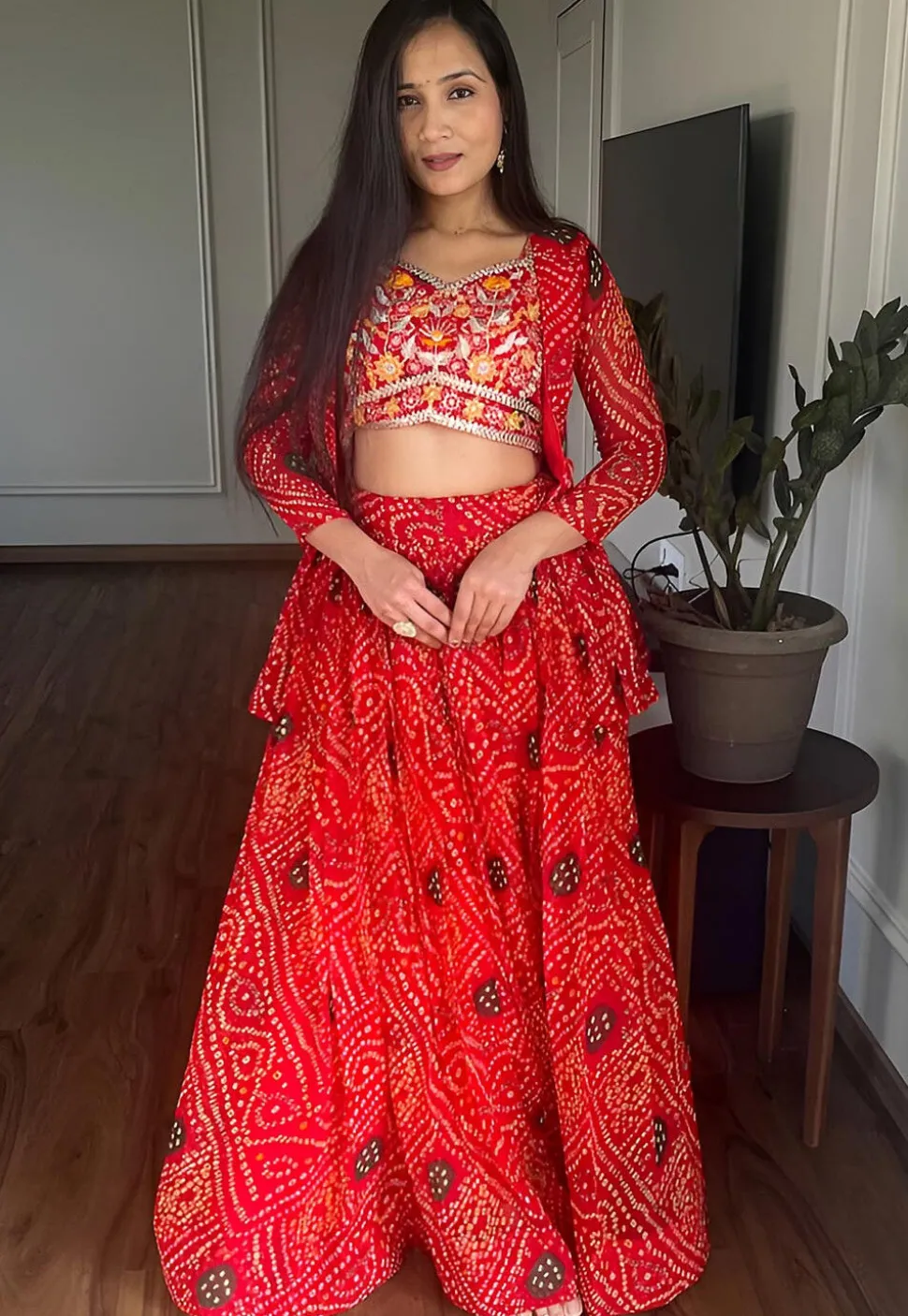 Bandhej Printed Georgette Lehenga in Red