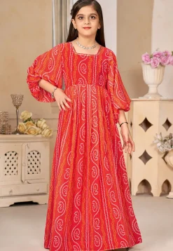 Bandhej Printed Georgette Gown in Red