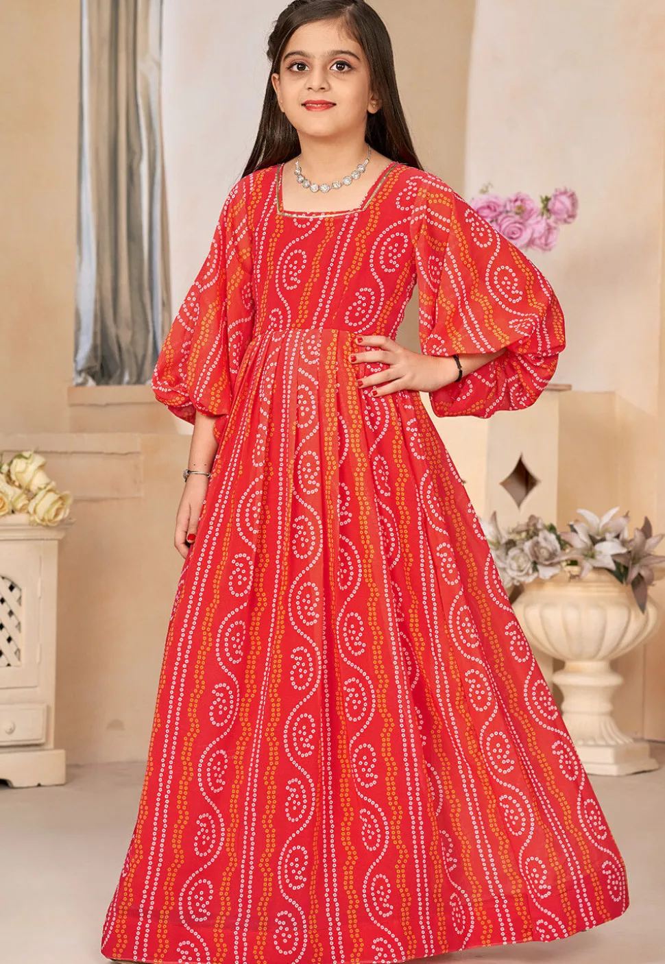 Bandhej Printed Georgette Gown in Red