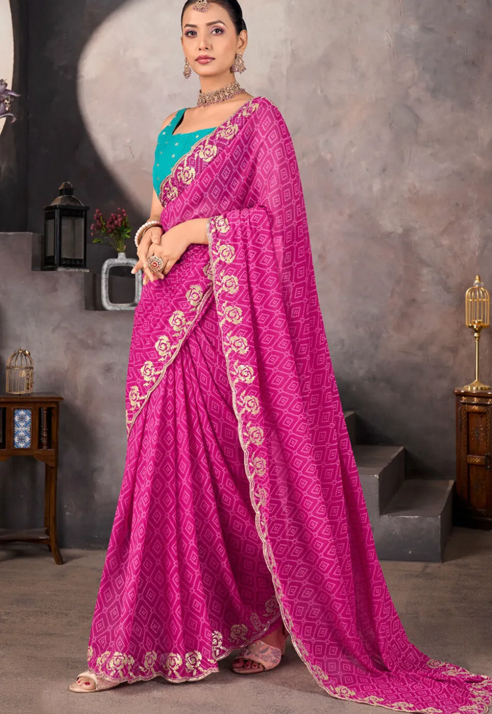 Bandhej Printed Georgette Scalloped Saree in Fuchsia