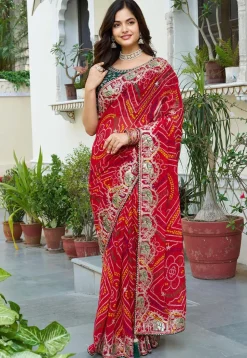 Bandhej Printed Georgette Saree in Red