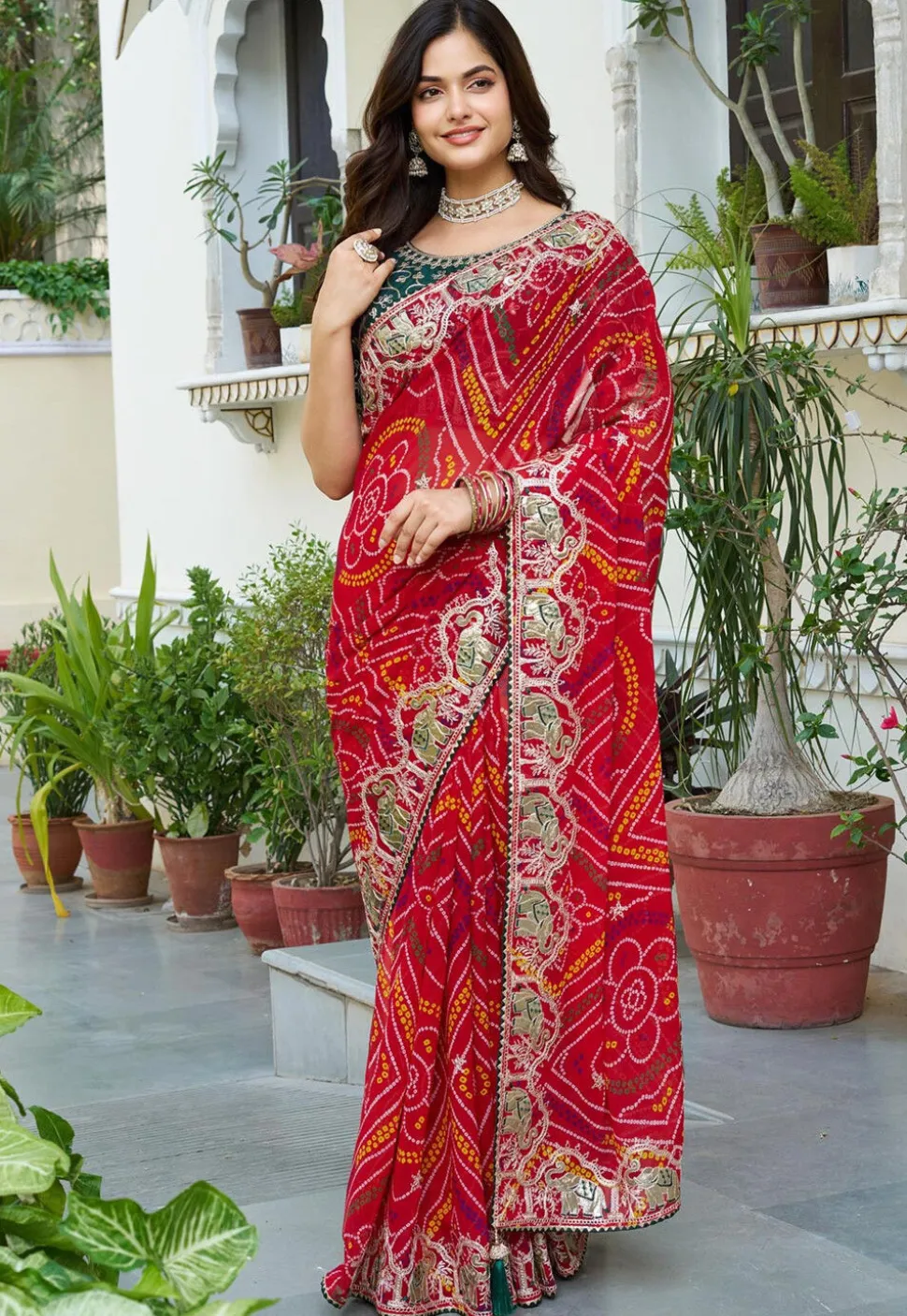 Bandhej Printed Georgette Saree in Red
