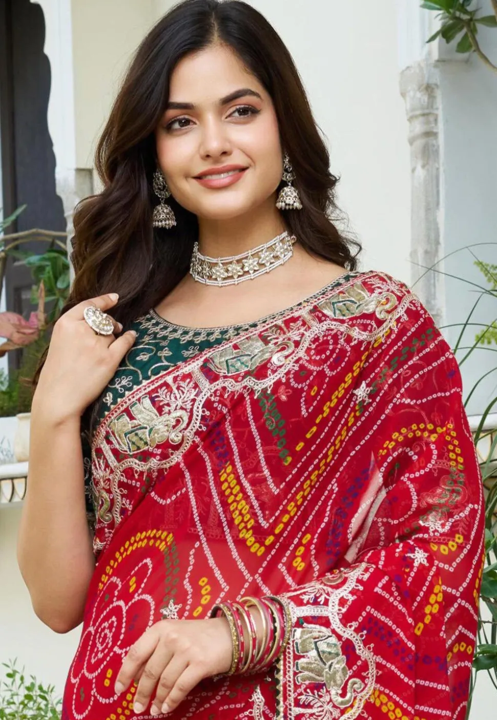 Bandhej Printed Georgette Saree in Red