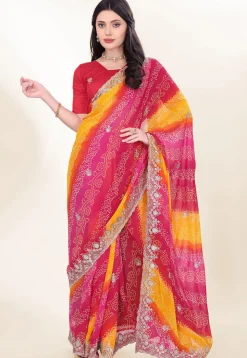 Bandhej Printed Georgette Scalloped Saree in Multicolor