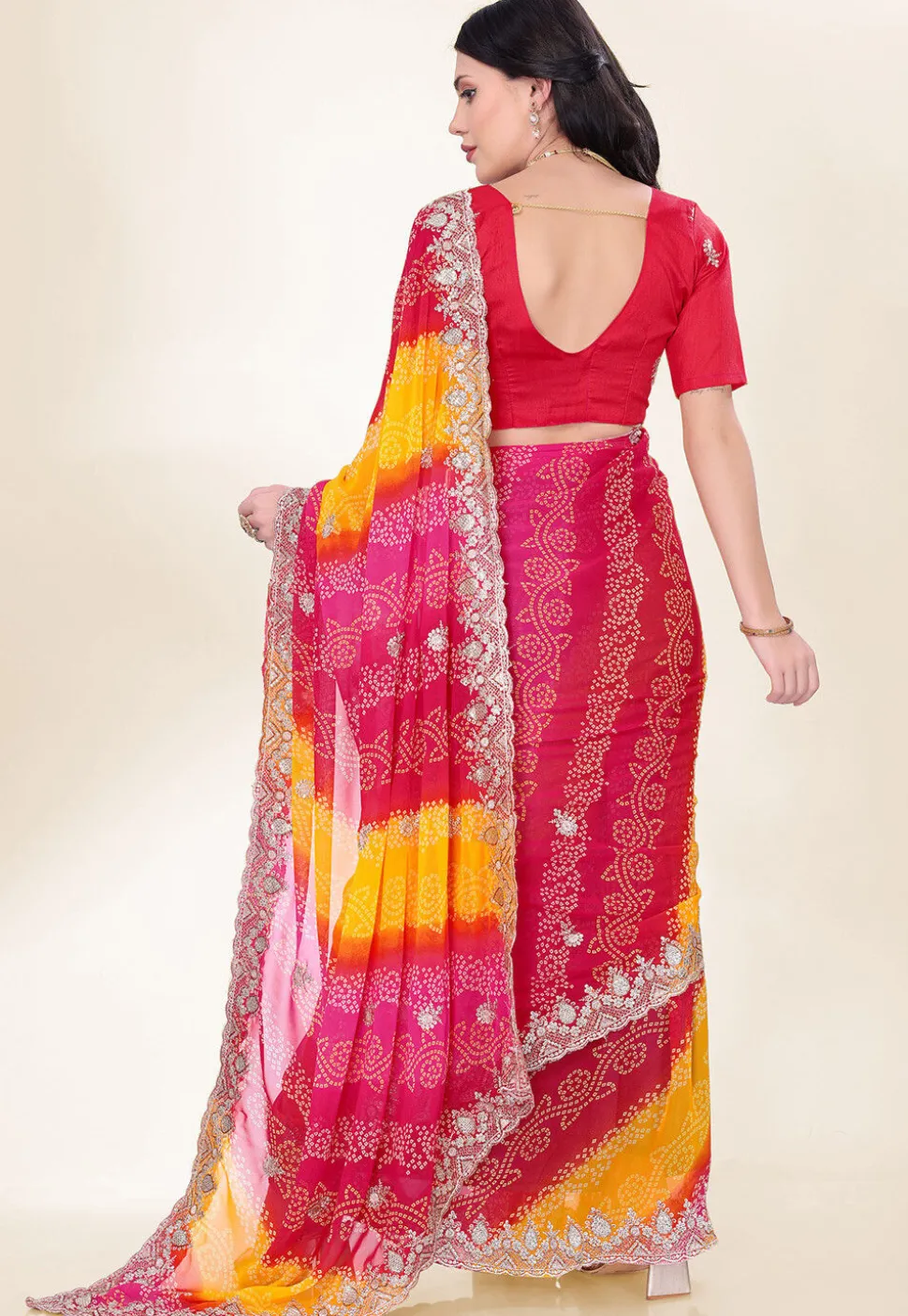 Bandhej Printed Georgette Scalloped Saree in Multicolor
