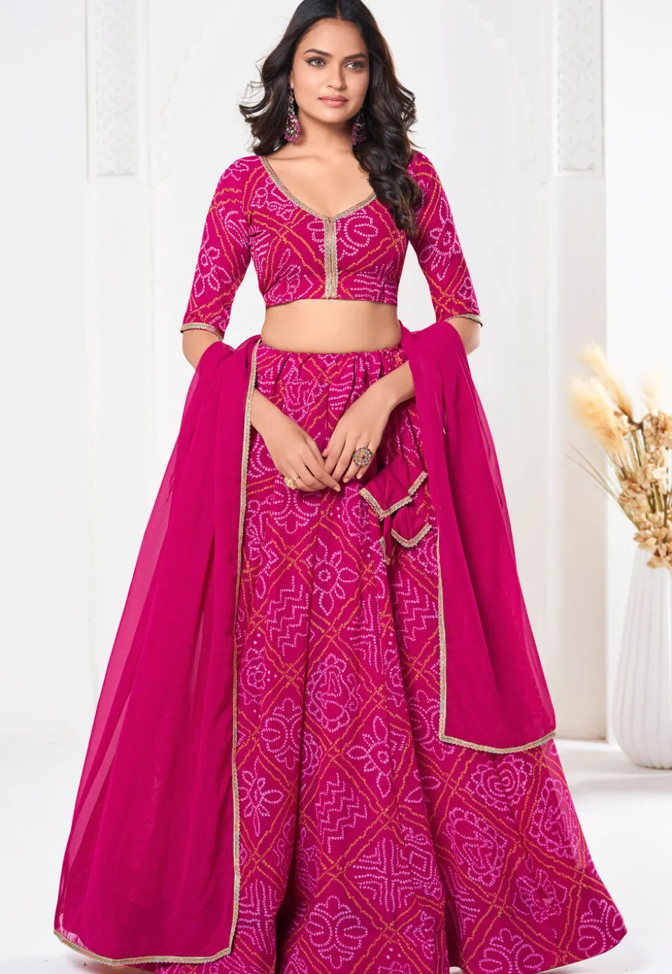 Bandhej Printed Georgette Lehenga in Pink