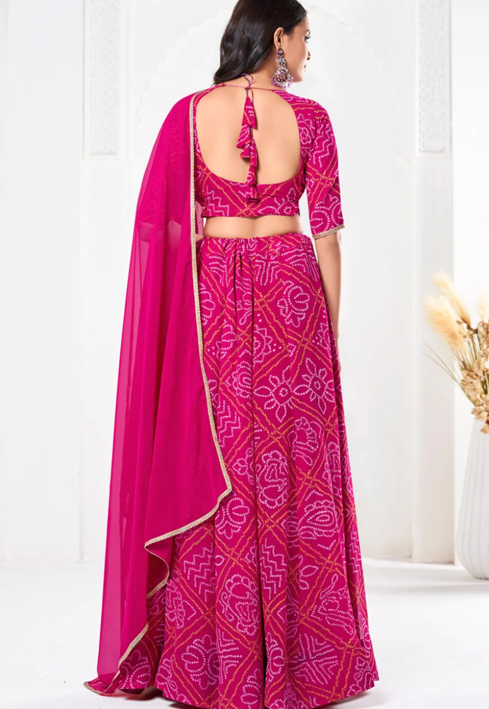 Bandhej Printed Georgette Lehenga in Pink