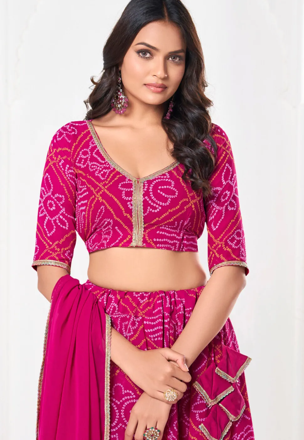 Bandhej Printed Georgette Lehenga in Pink