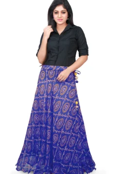 Bandhej Printed Georgette A Line Skirt in Royal Blue