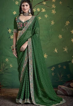 Bandhej Printed Georgette Saree in Green