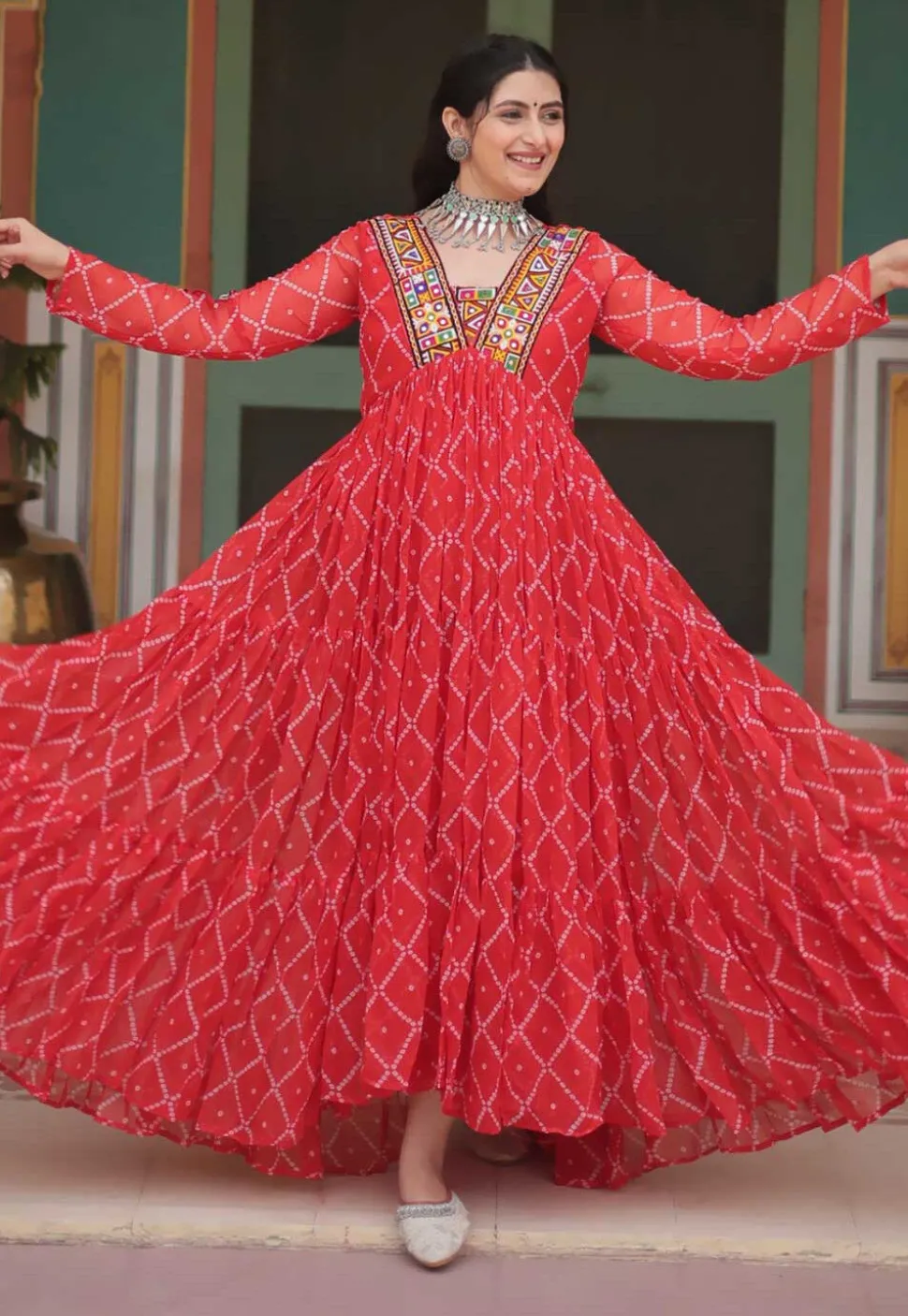 Bandhej Printed Georgette Tiered Gown in Red