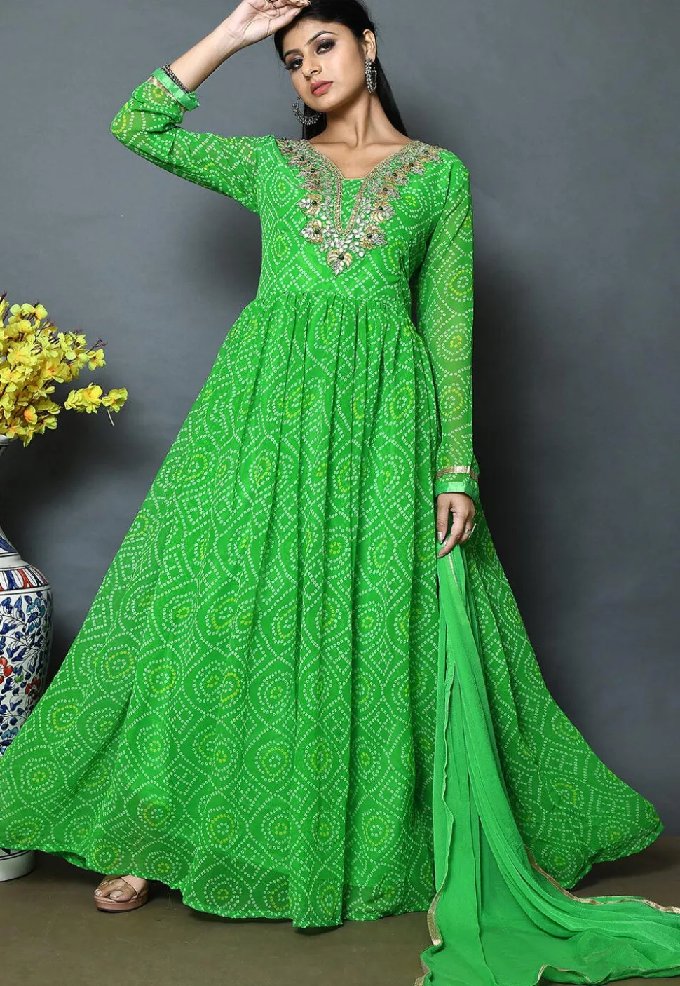 Bandhej Printed Georgette Abaya Style Suit in Green