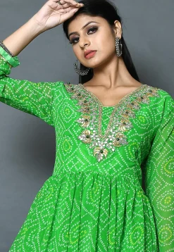 Bandhej Printed Georgette Abaya Style Suit in Green