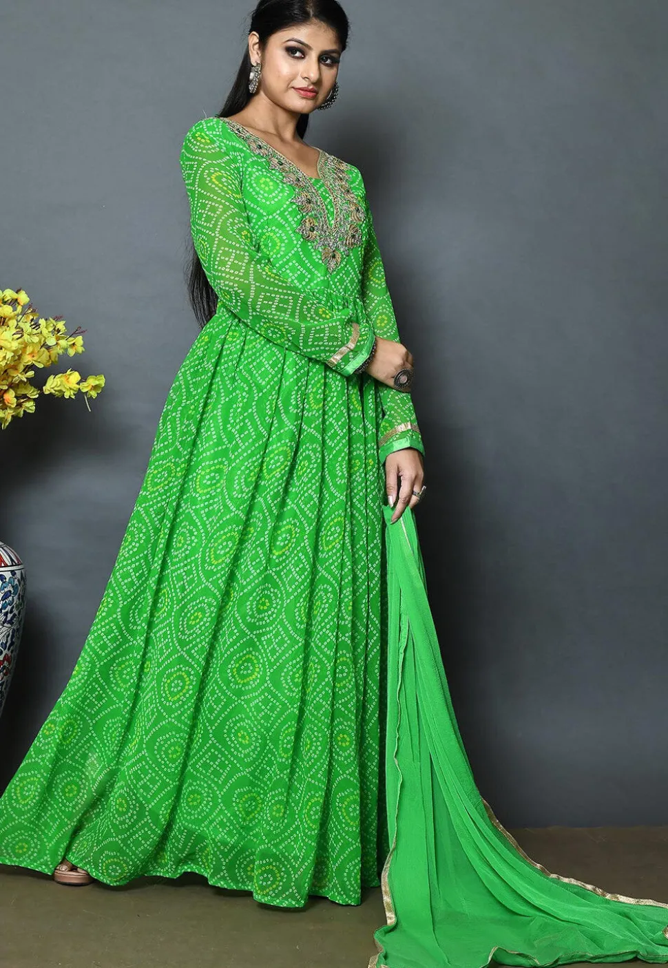Bandhej Printed Georgette Abaya Style Suit in Green