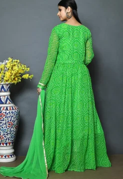 Bandhej Printed Georgette Abaya Style Suit in Green