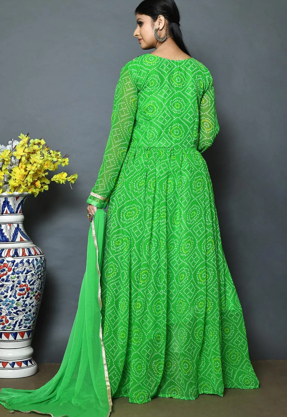 Bandhej Printed Georgette Abaya Style Suit in Green