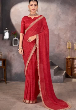 Bandhej Printed Georgette Scalloped Saree in Red