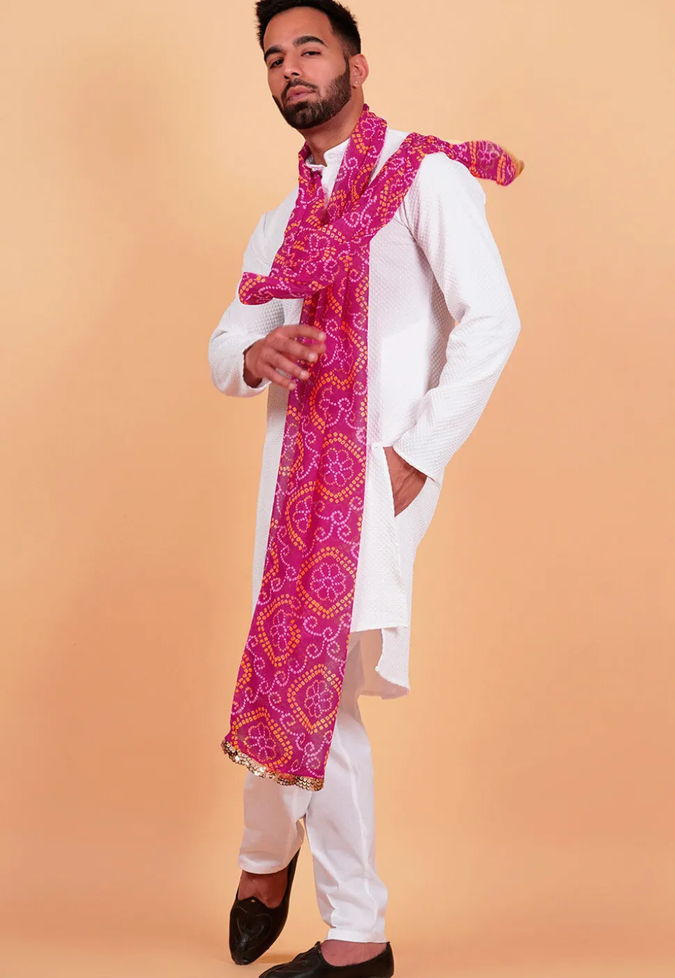 Bandhej Printed Georgette Mens Dupatta in Fuchsia