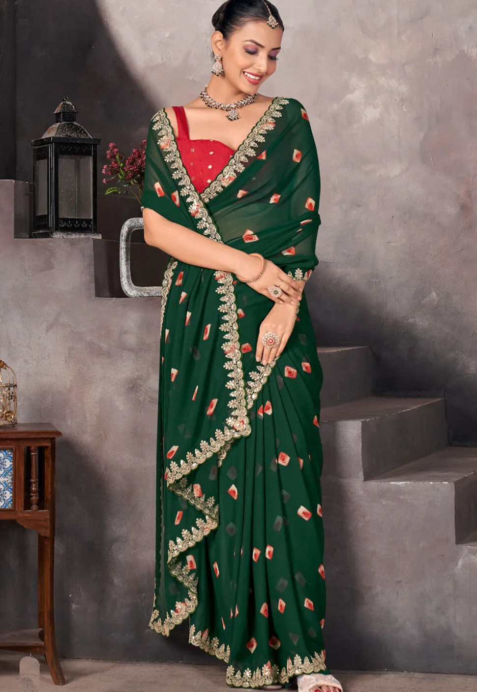Bandhej Printed Georgette Scalloped Saree in Green
