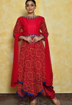 Bandhej Printed Georgette and Art Dupion Silk A Line Suit in Red